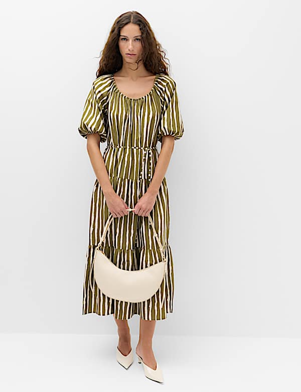 Robe midi 100 % coton &agrave; imprim&eacute; et taille ajust&eacute;e - FR