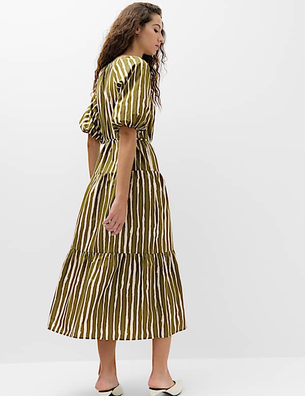 Robe midi 100 % coton &agrave; imprim&eacute; et taille ajust&eacute;e - FR