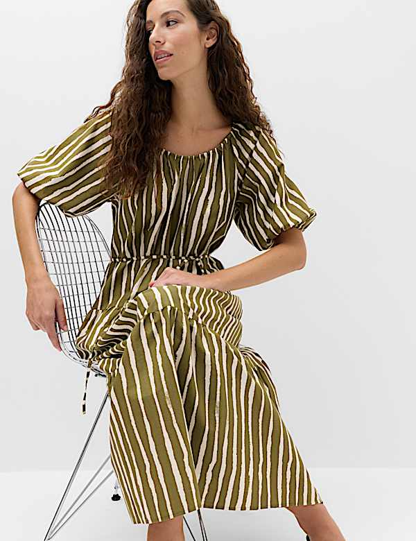 Robe midi 100 % coton &agrave; imprim&eacute; et taille ajust&eacute;e - FR