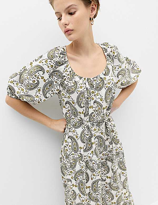 Pure Cotton Paisley Midi Waisted Dress - BG