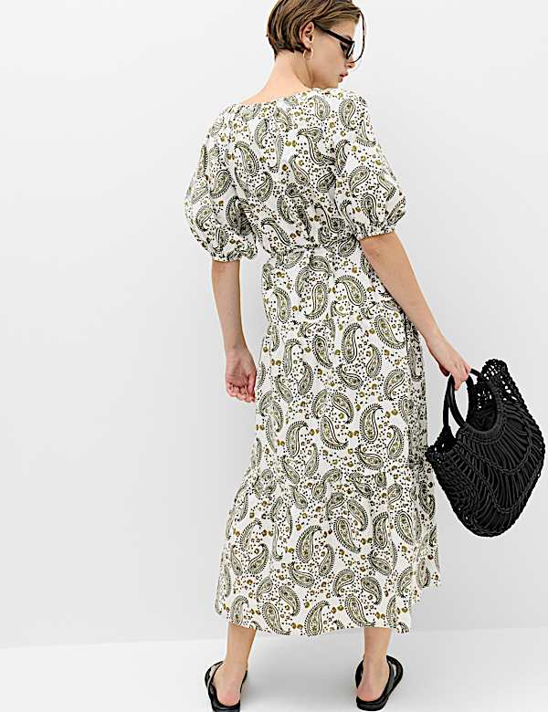 Pure Cotton Paisley Midi Waisted Dress - BG