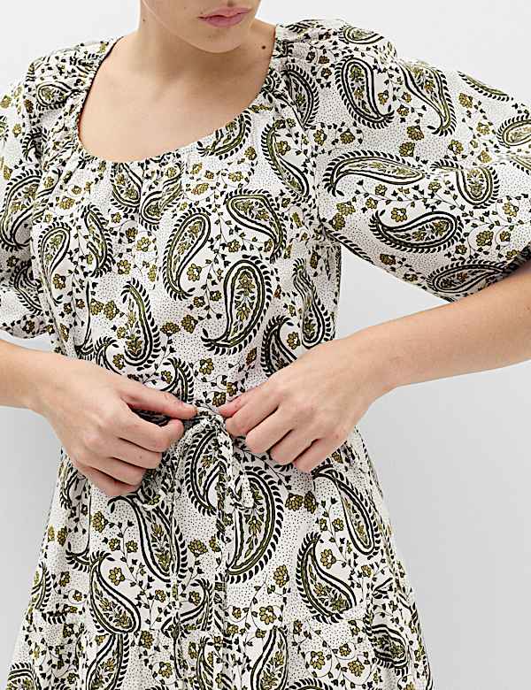 Pure Cotton Paisley Midi Waisted Dress - BG