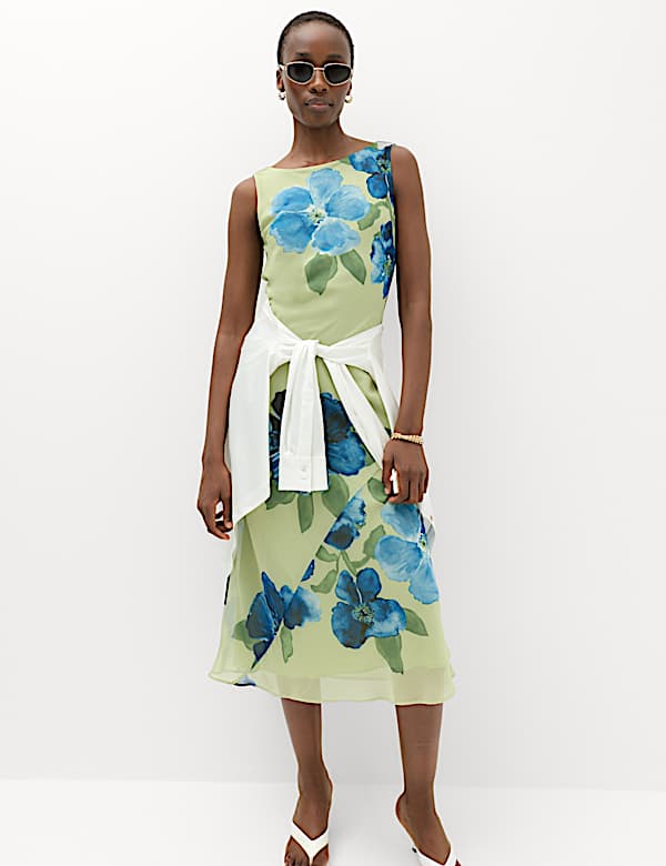 Floral Round Neck Midi Column Dress - BN