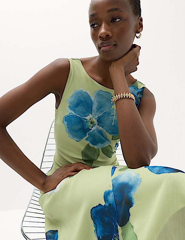 Floral Round Neck Midi Column Dress - BN