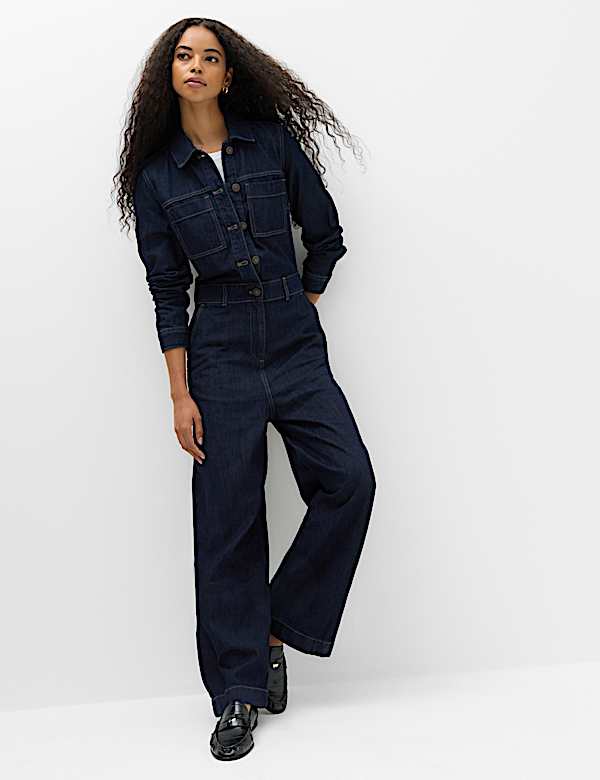 Denim Long Sleeve Wide Leg Jumpsuit - US