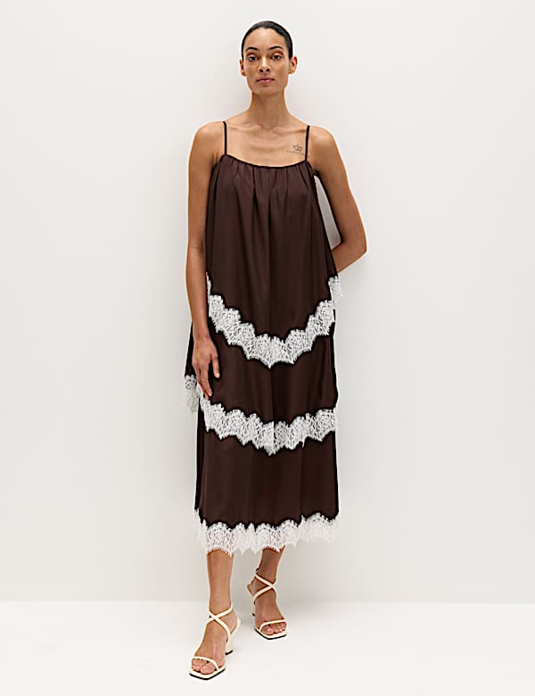 Lace Trim Strappy Midi Tiered Dress - SK