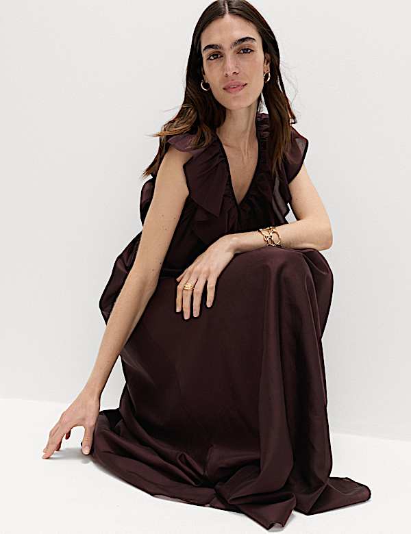 Lyocell Rich Frill V-Neck Midaxi Relaxed Dress - LU