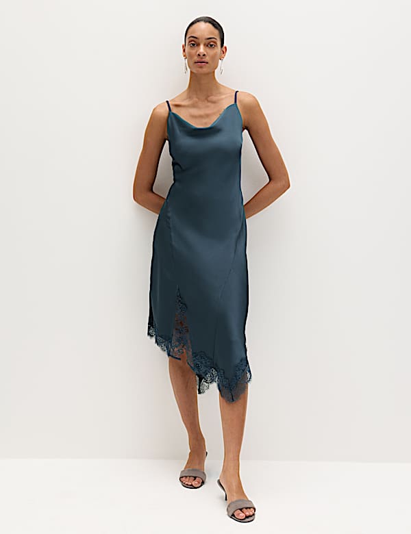 Satin Cowl Neck Lace Trim Midi Slip Dress - BE