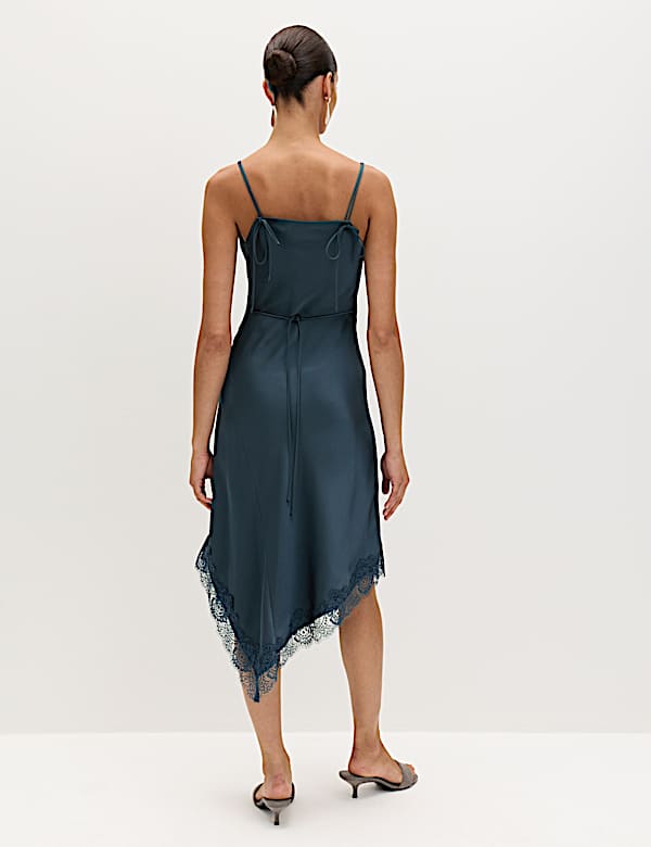 Satin Cowl Neck Lace Trim Midi Slip Dress - BE