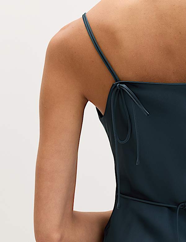 Satin Cowl Neck Lace Trim Midi Slip Dress - BE