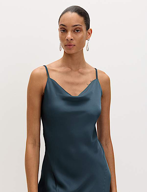 Satin Cowl Neck Lace Trim Midi Slip Dress - BE