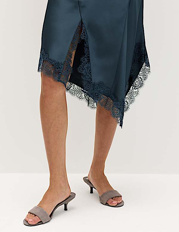 Satin Cowl Neck Lace Trim Midi Slip Dress - BE