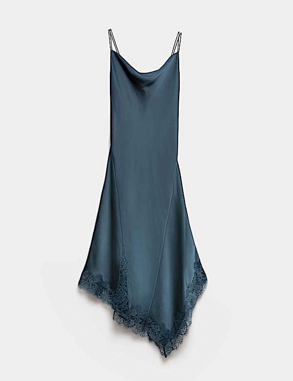Satin Cowl Neck Lace Trim Midi Slip Dress - BE