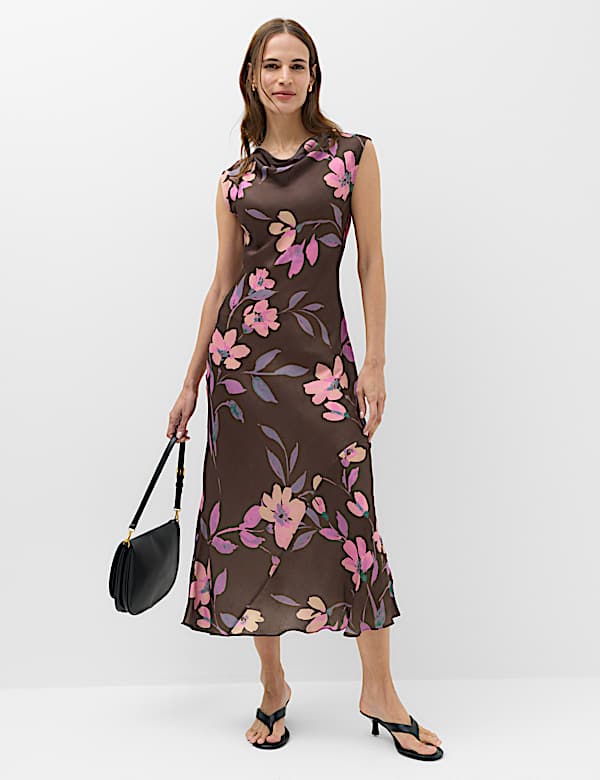 Fond de robe coupe longue en satin &agrave; col boule et motif floral - CH