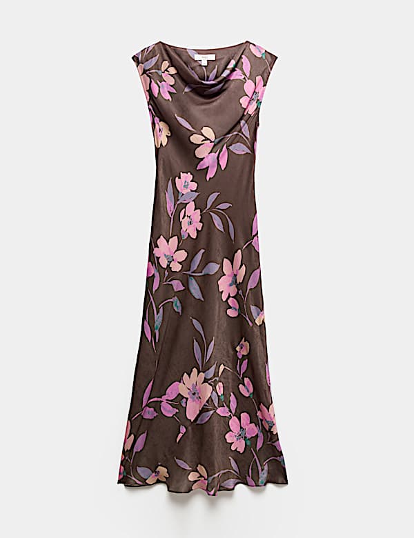 Fond de robe coupe longue en satin &agrave; col boule et motif floral - CH