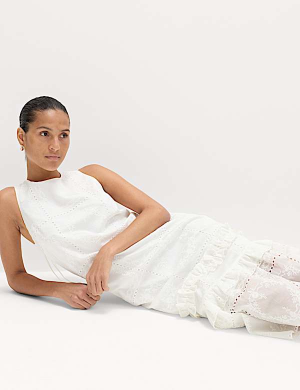 Lyocell Rich Broderie Midi Tiered Dress - US