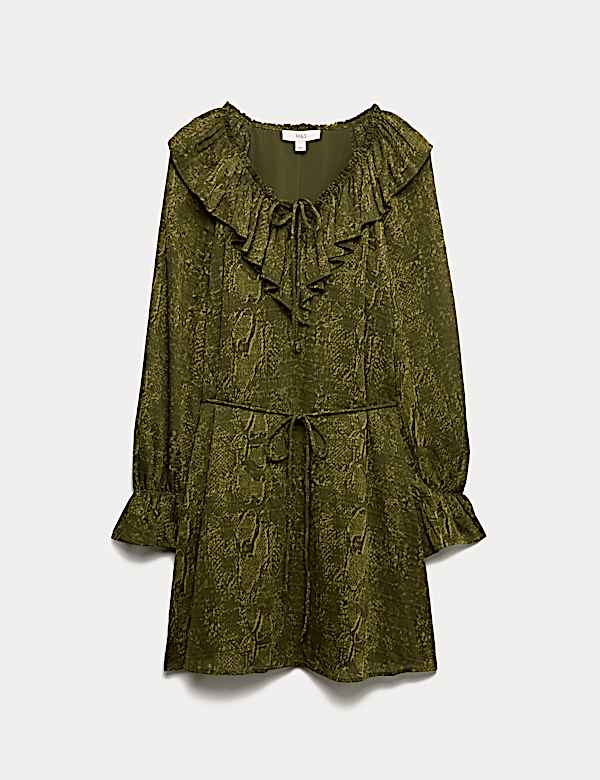 Robe coupe courte et d&eacute;contract&eacute;e avec imprim&eacute; animal et volant - CH