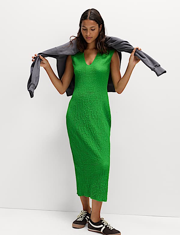 Jersey Textured V-Neck Midi Column Dress - BE