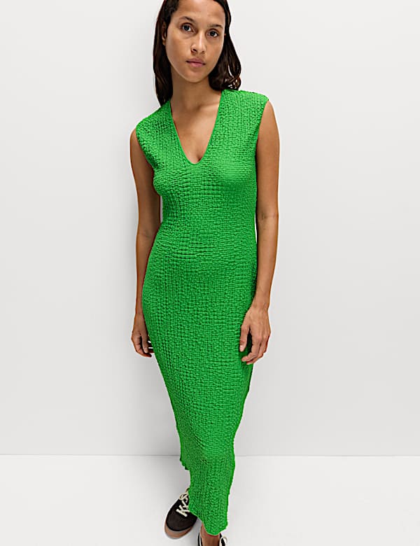 Jersey Textured V-Neck Midi Column Dress - BE
