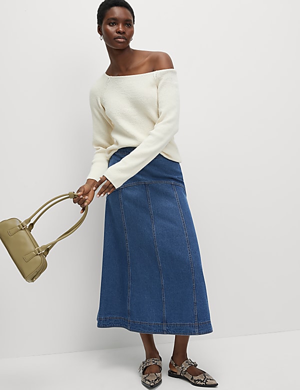 Denim Seam Detail Midi Skirt - HK