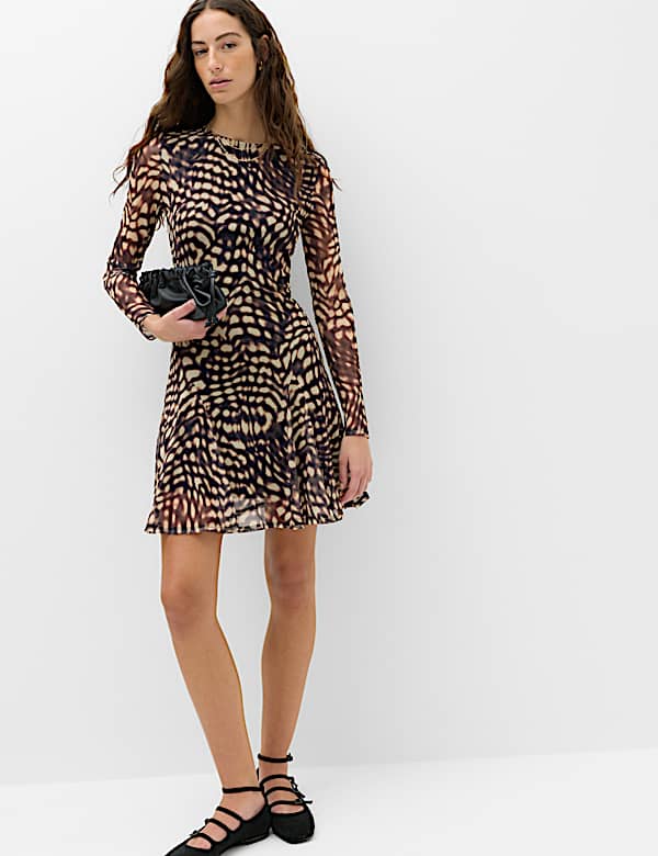 Mesh Animal Print Mini Skater Dress - NZ