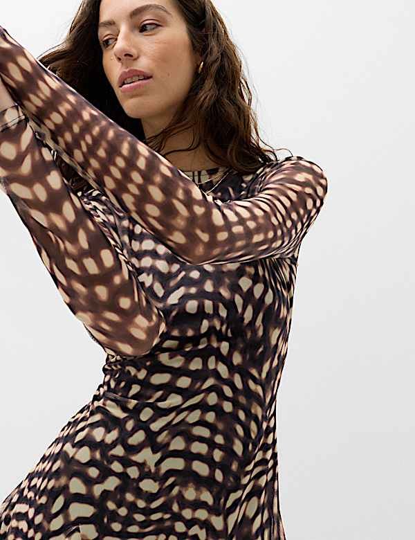 Mesh Animal Print Mini Skater Dress - NZ