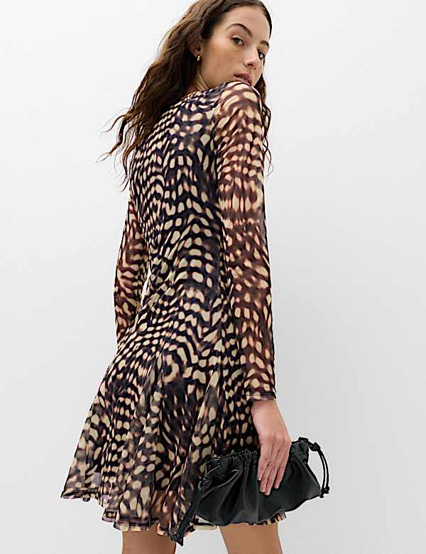 Mesh Animal Print Mini Skater Dress - NZ