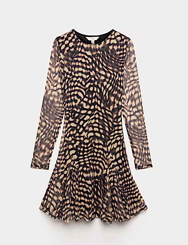 Mesh Animal Print Mini Skater Dress - NZ