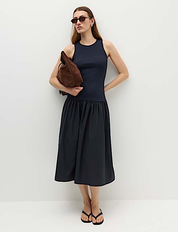 Jersey Ribbed Midi Drop Waist Dress | NAVY | Dresses