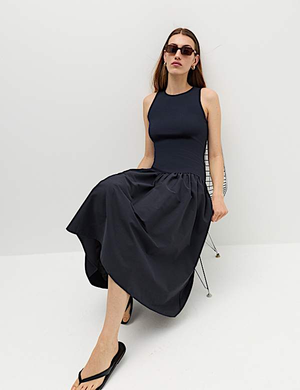 Jersey Ribbed Midi Drop Waist Dress - AU