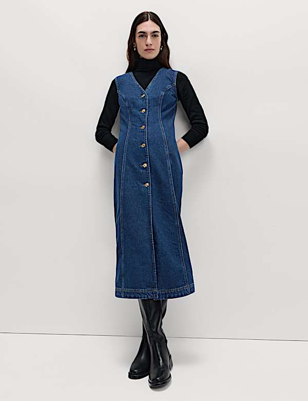Denim V-Neck Button Through Midi Shift Dress - UA