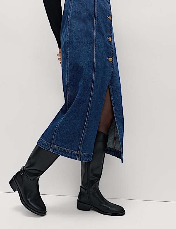 Denim V-Neck Button Through Midi Shift Dress - UA