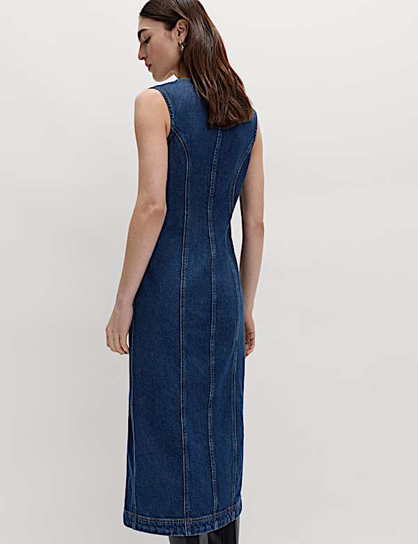 Denim V-Neck Button Through Midi Shift Dress - UA