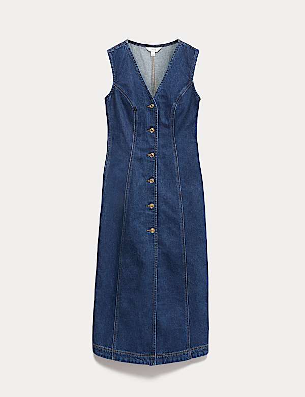 Denim V-Neck Button Through Midi Shift Dress - UA