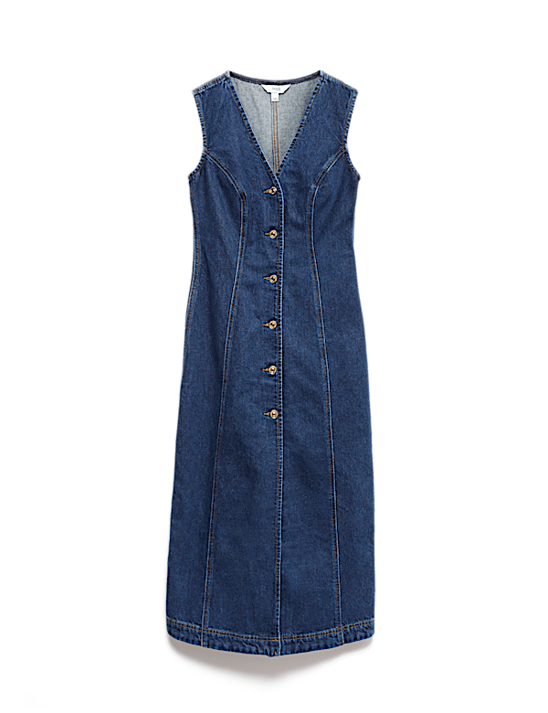 Denim V-Neck Button Through Midi Shift Dress