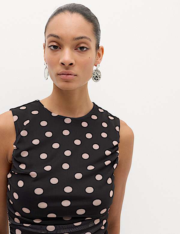 Mesh Polka Dot Midi Dropped Waist Dress - DK