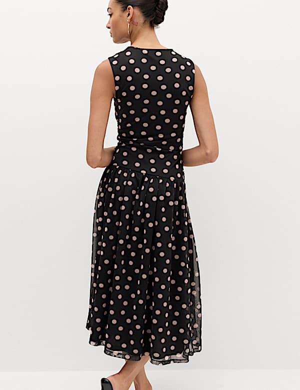 Mesh Polka Dot Midi Dropped Waist Dress - DK