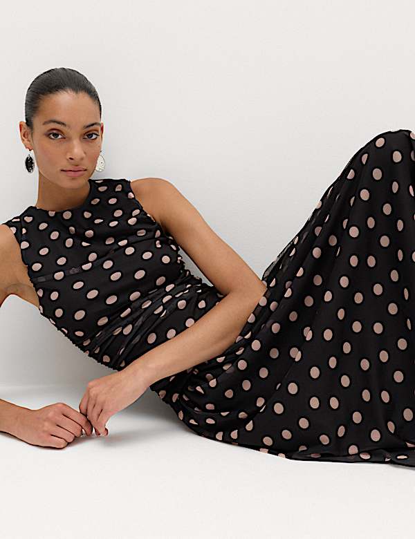 Mesh Polka Dot Midi Dropped Waist Dress - DK
