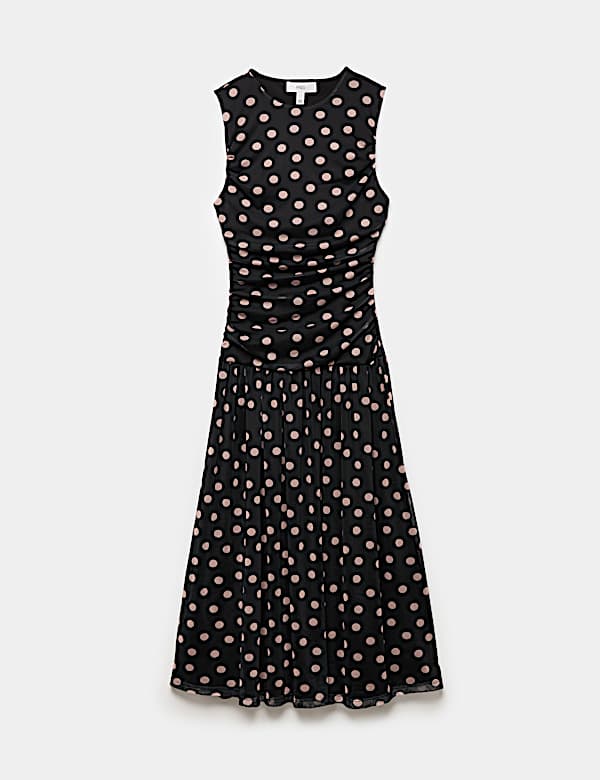 Mesh Polka Dot Midi Dropped Waist Dress - DK