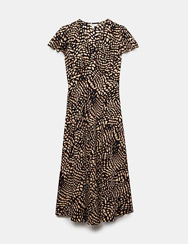 Animal Print V-Neck Midi Tea Dress - ID