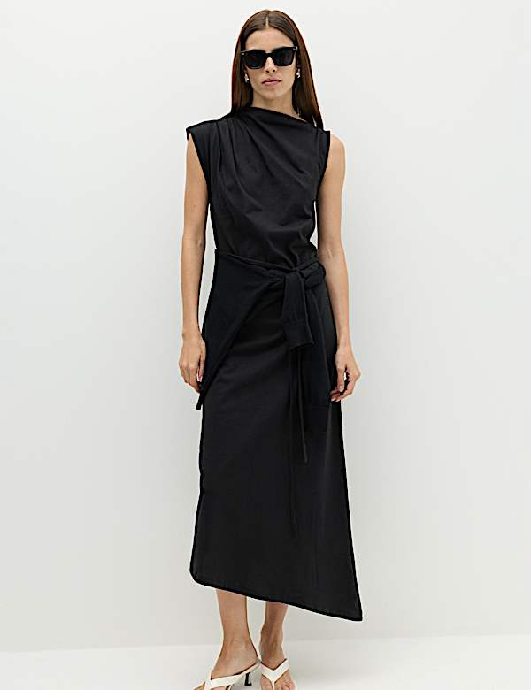 Pure Cotton Tie Waist Midi Column Dress - MX