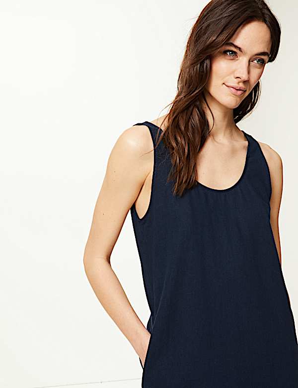 Flax Linen Mix Plain Round Neck Dress