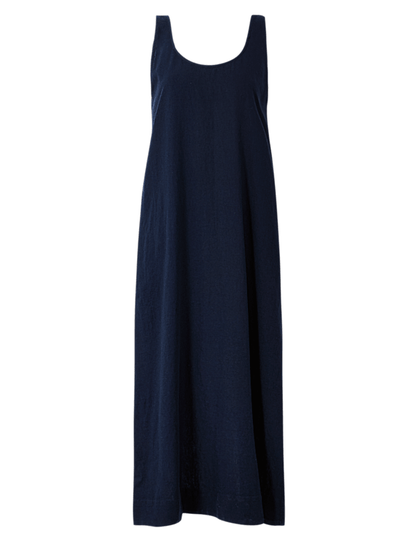 Flax Linen Mix Plain Round Neck Dress