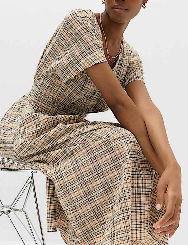 Pure Cotton Checked V-Neck Midi Waisted Dress - US