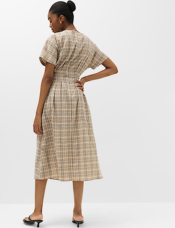 Pure Cotton Checked V-Neck Midi Waisted Dress - US