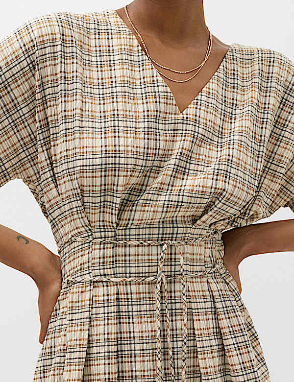 Pure Cotton Checked V-Neck Midi Waisted Dress - US