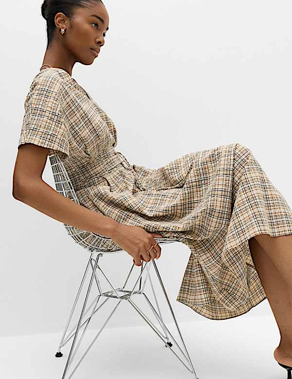 Pure Cotton Checked V-Neck Midi Waisted Dress - US