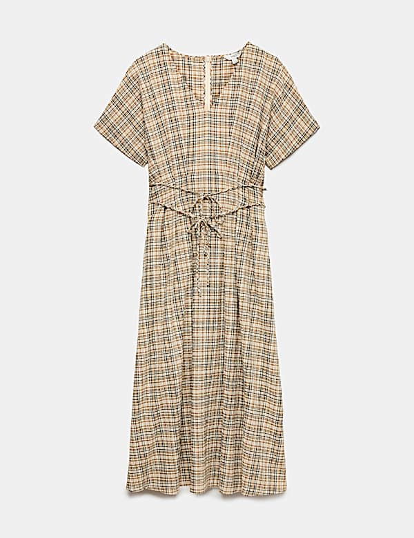 Pure Cotton Checked V-Neck Midi Waisted Dress - US