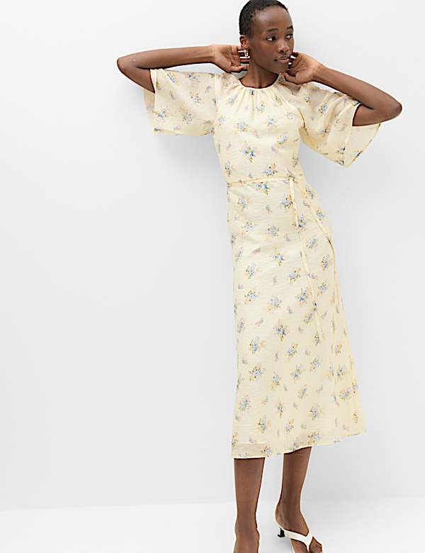 Floral Angel Sleeve Midi Waisted Dress - AL