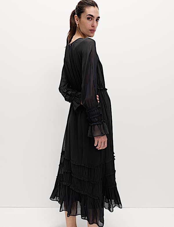 Sheer Frill Detail Midi Waisted Dress